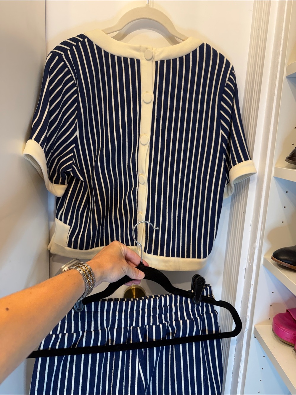 Navy Stripe Button-back Short Set with Cream Trim